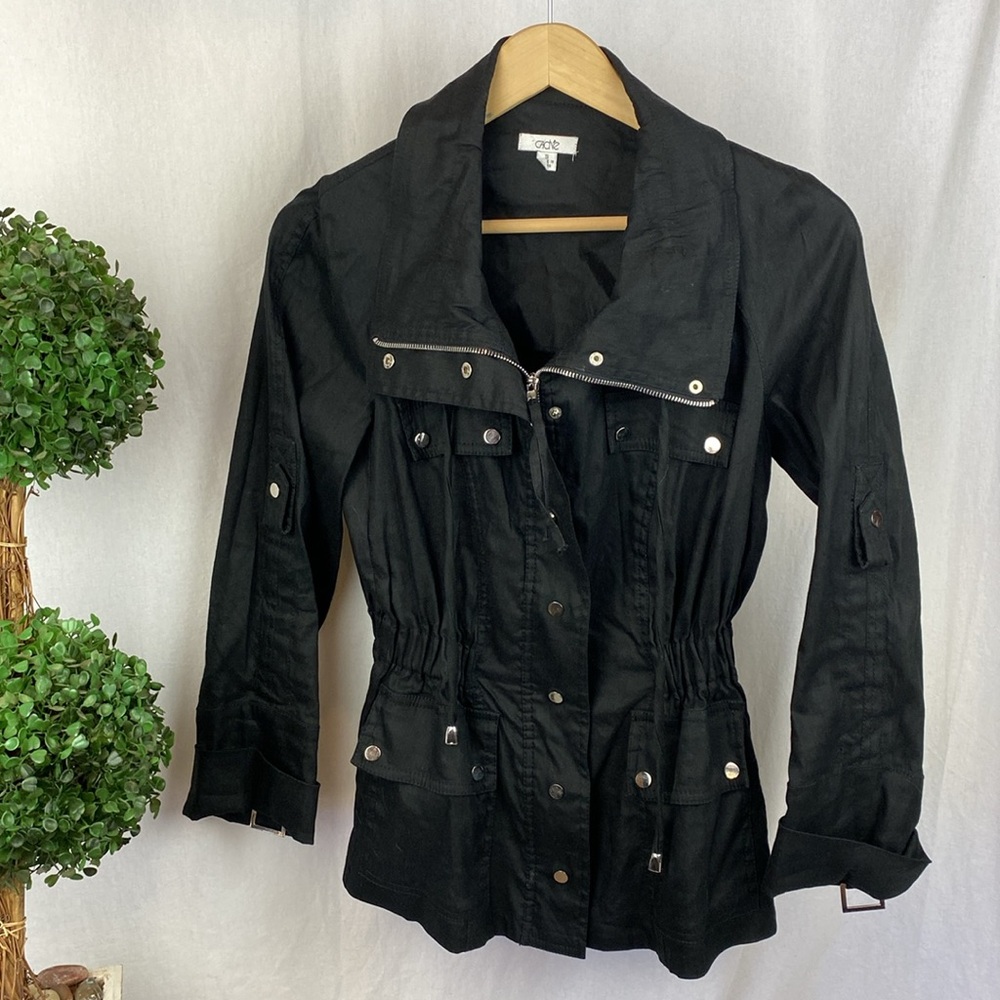 Cache Linen Blend Black Long Sleeve Zip Up Utility Pocket Barn Jacket S